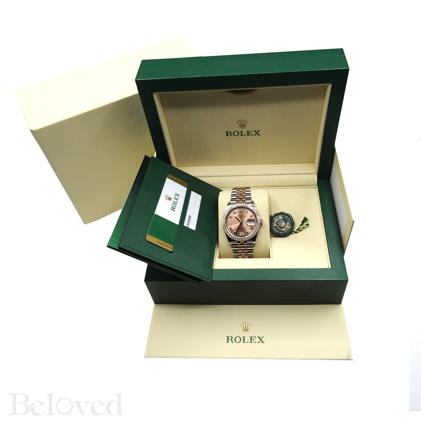 Rolex Datejust 126281RBR with Full Factory Diamond Bezel and Sunburst Salmon Factory Diamond Six and Nine Image 10