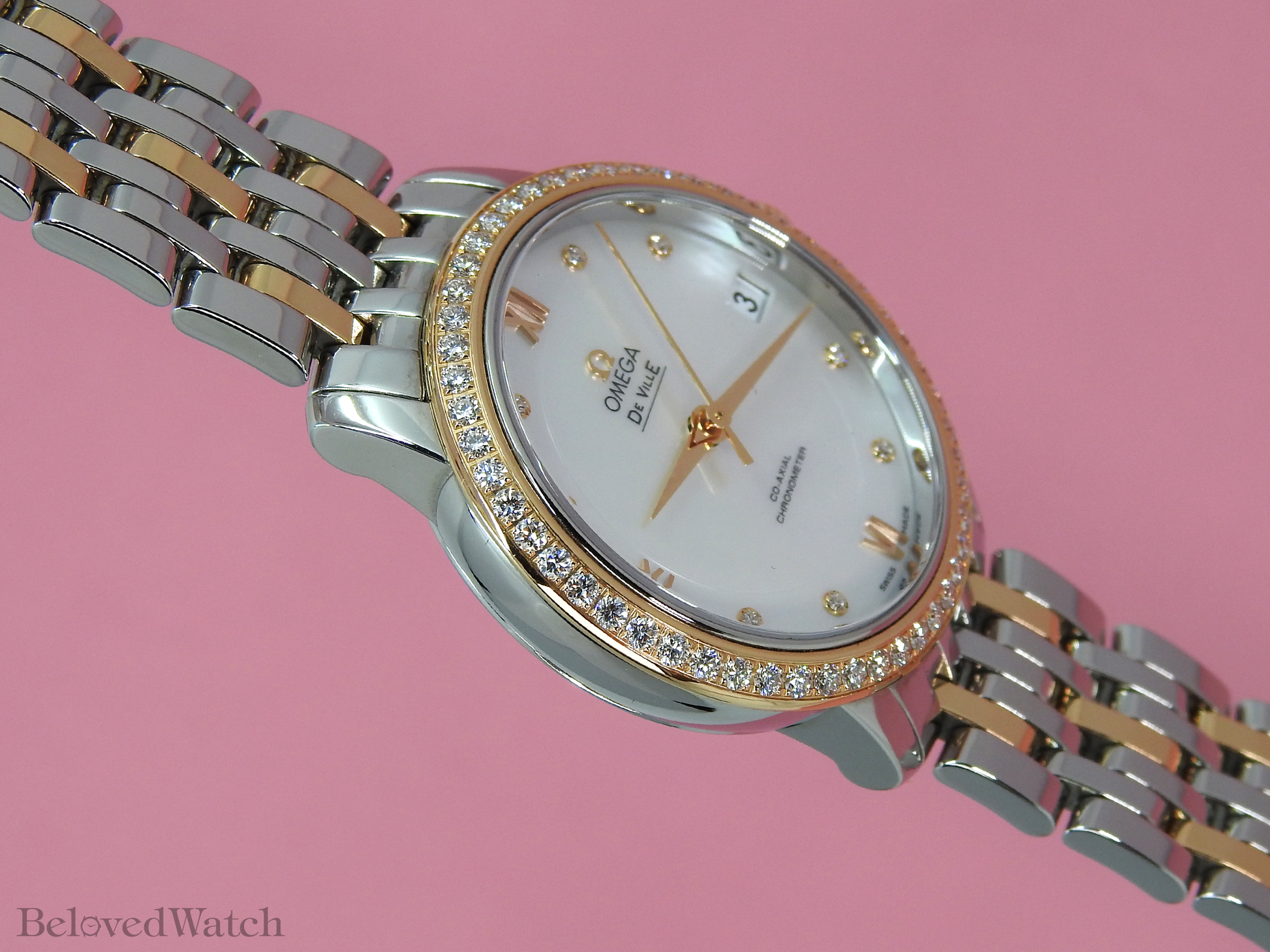 Omega De Ville Prestige Rose and Steel Factory Mother of Pearl Diamond Dial Full Diamond Bezel 424.25.33.20.55.002
