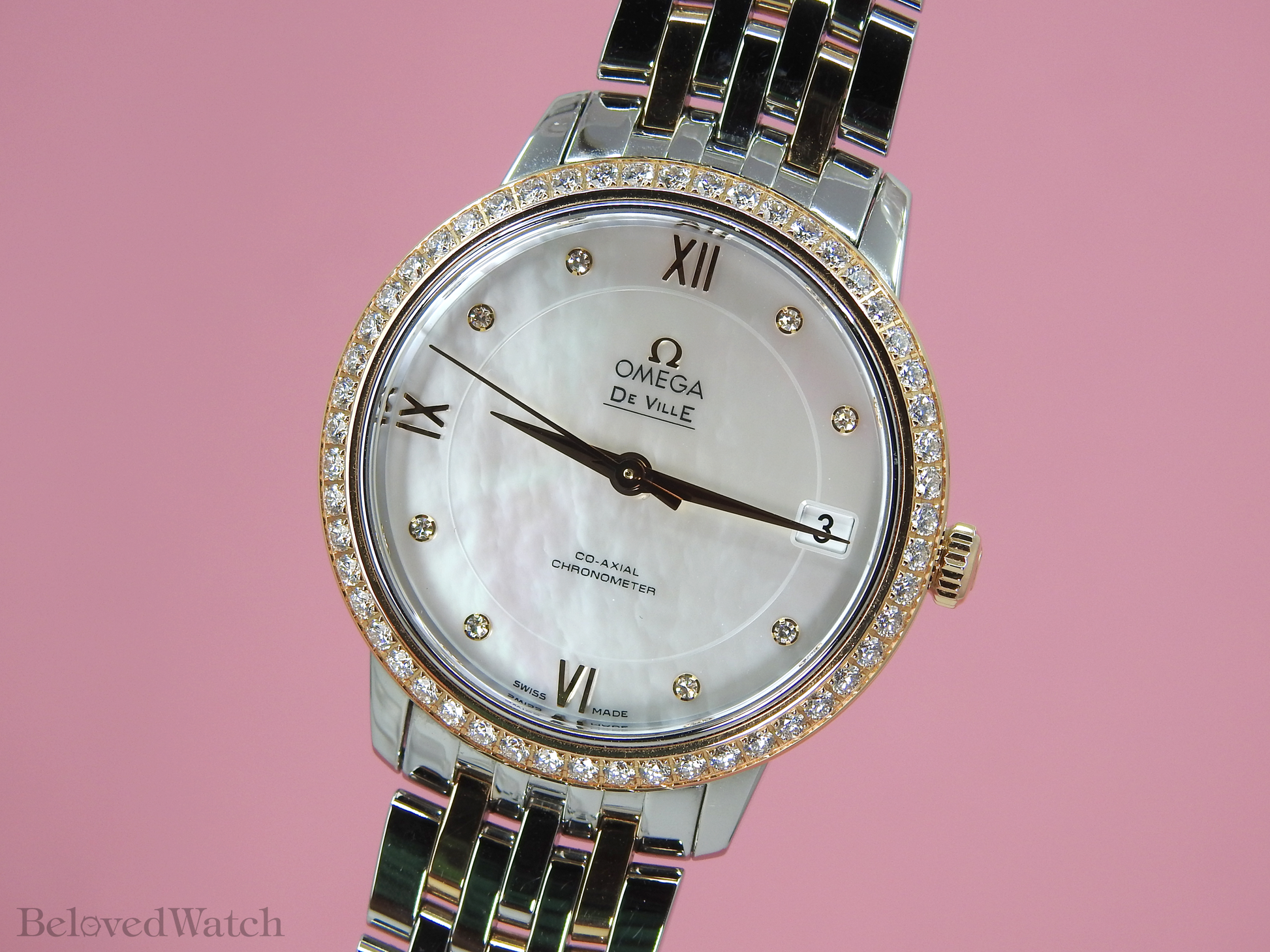Omega De Ville Prestige Rose and Steel Factory Mother of Pearl Diamond Dial Full Diamond Bezel 424.25.33.20.55.002