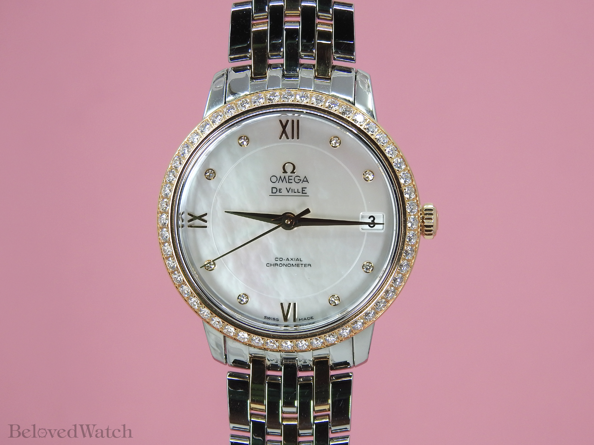 Omega De Ville Prestige Rose and Steel Factory Mother of Pearl Diamond Dial Full Diamond Bezel 424.25.33.20.55.002