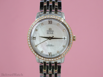 Omega De Ville Prestige Rose and Steel Factory Mother of Pearl Diamond Dial Full Diamond Bezel 424.25.33.20.55.002