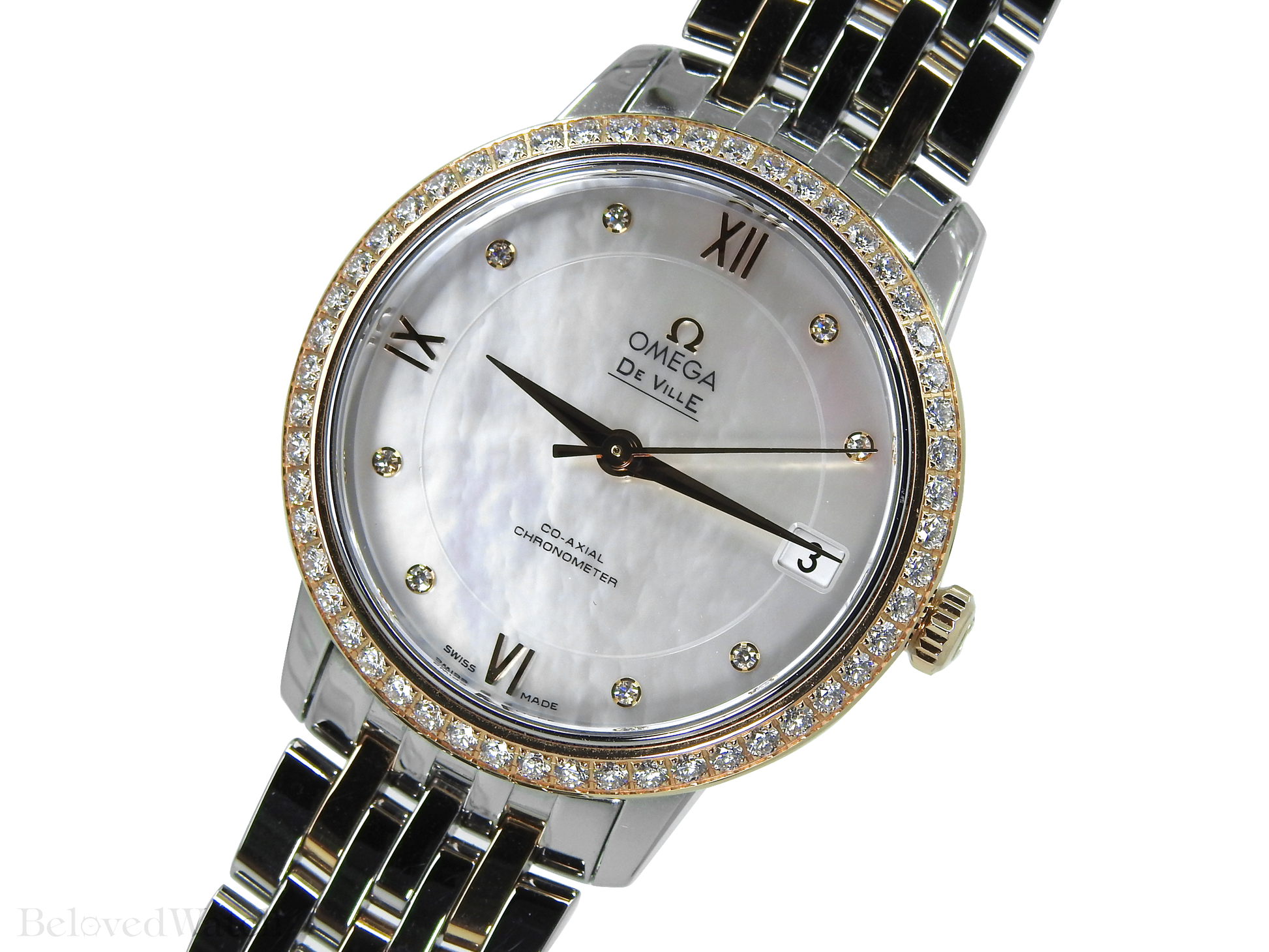 Omega De Ville Prestige Rose and Steel Factory Mother of Pearl Diamond Dial Full Diamond Bezel 424.25.33.20.55.002