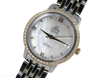 Omega De Ville Prestige Rose and Steel Factory Mother of Pearl Diamond Dial Full Diamond Bezel 424.25.33.20.55.002