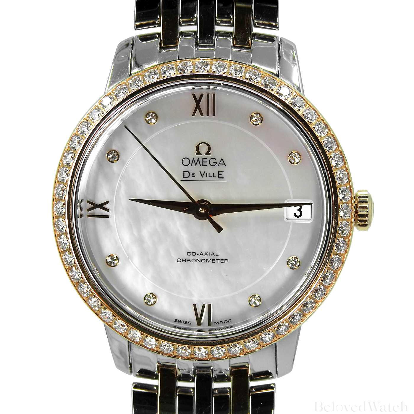Omega De Ville Prestige Rose and Steel Factory Mother of Pearl Diamond Dial Full Diamond Bezel 424.25.33.20.55.002
