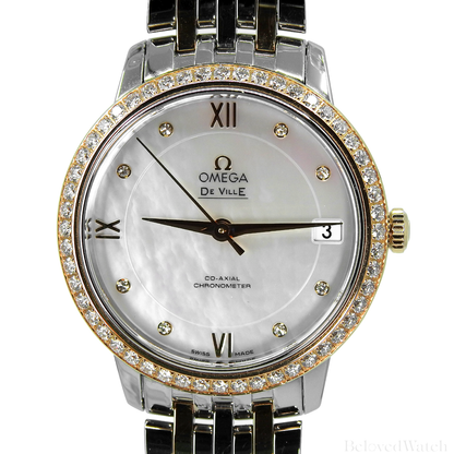 Omega De Ville Prestige Rose and Steel Factory Mother of Pearl Diamond Dial Full Diamond Bezel 424.25.33.20.55.002