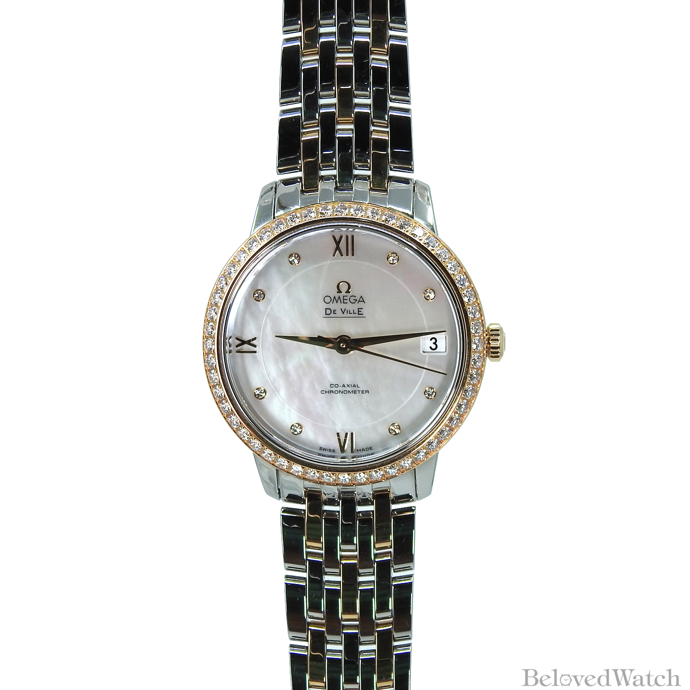 Omega De Ville Prestige Rose and Steel Factory Mother of Pearl Diamond Dial Full Diamond Bezel 424.25.33.20.55.002