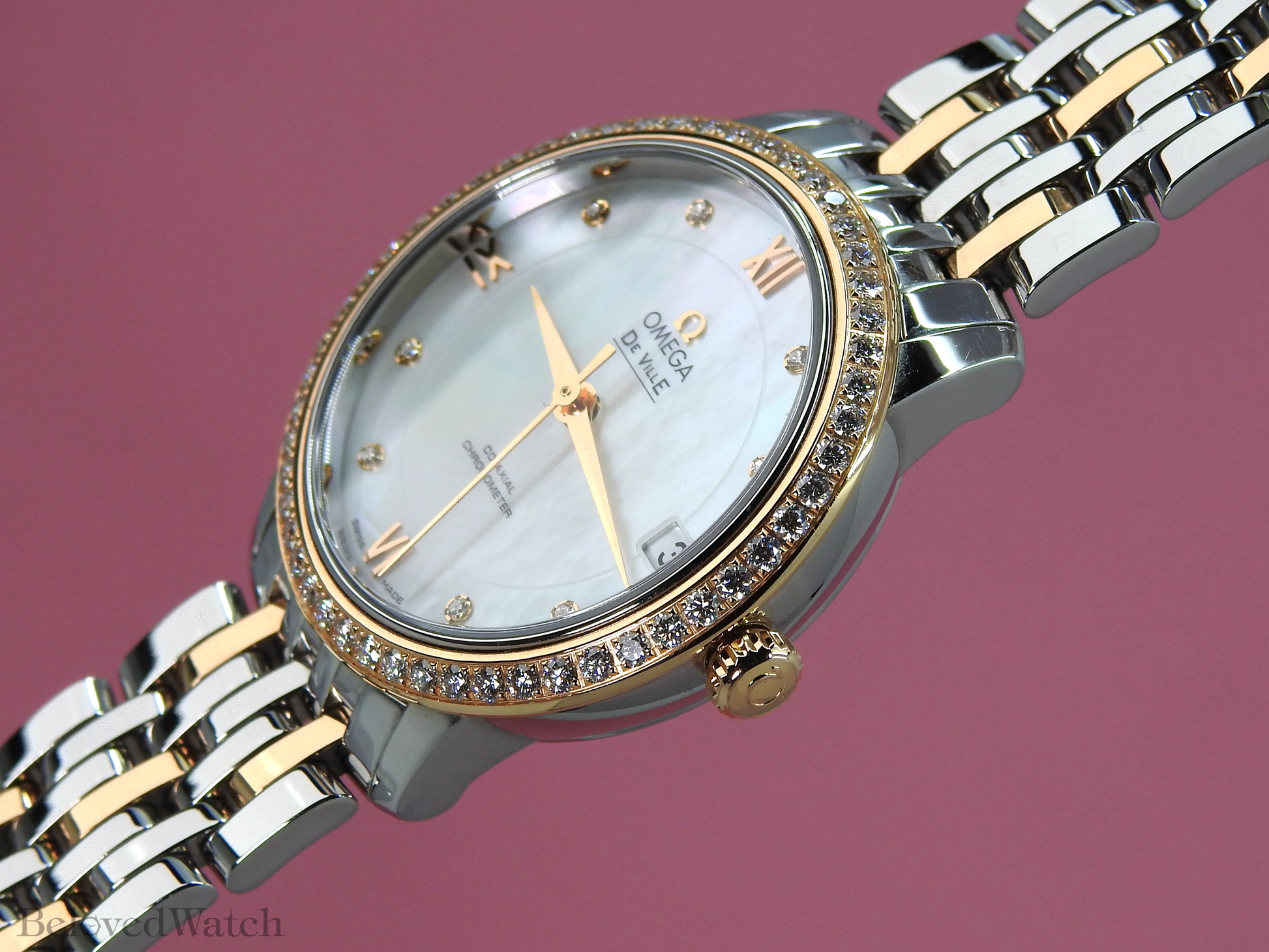 Omega De Ville Prestige Rose and Steel Factory Mother of Pearl Diamond Dial Full Diamond Bezel 424.25.33.20.55.002