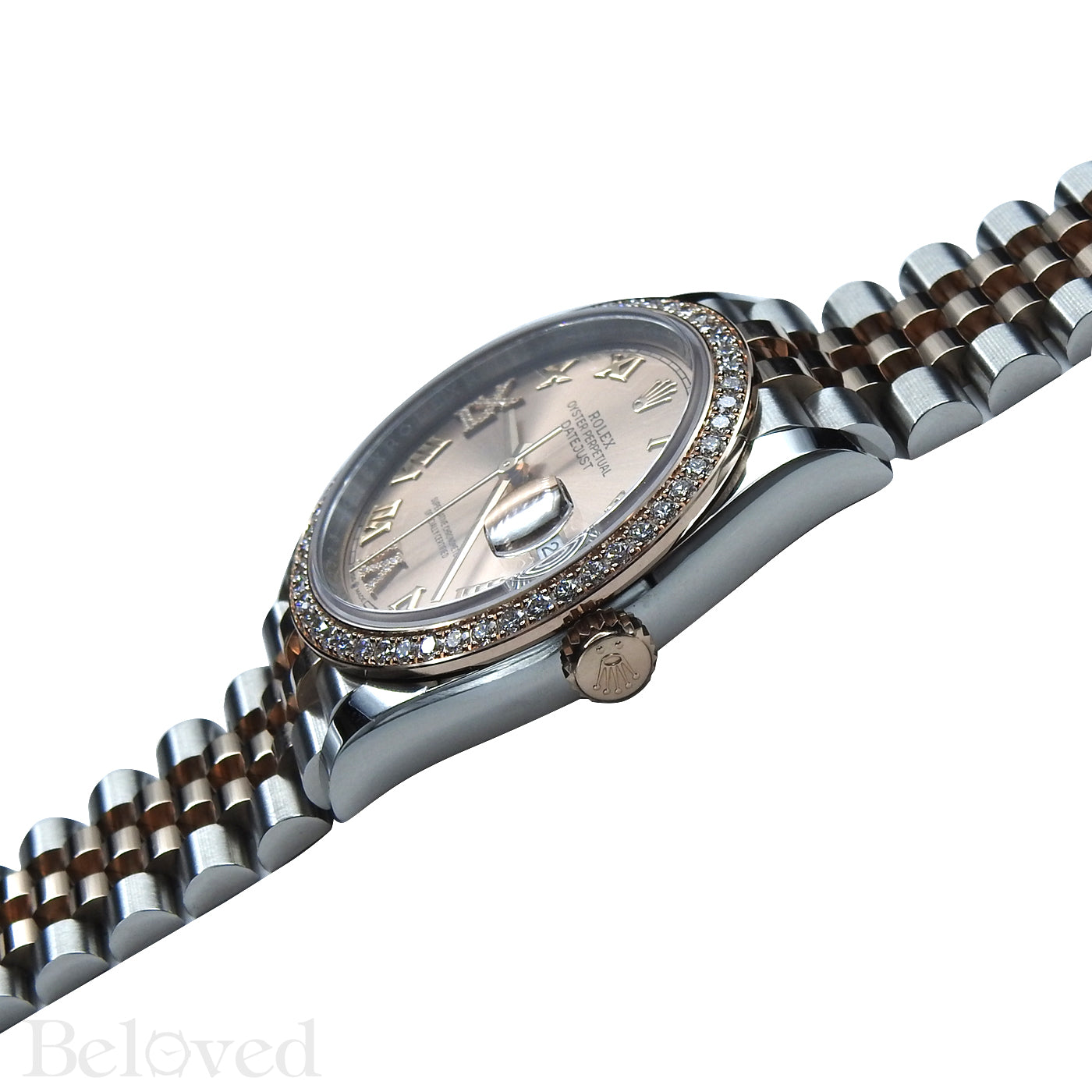 Rolex Datejust 126281RBR with Full Factory Diamond Bezel and Sunburst Salmon Factory Diamond Six and Nine Image 9