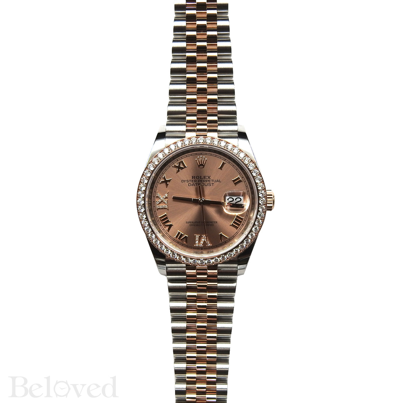 Rolex Datejust 126281RBR with Full Factory Diamond Bezel and Sunburst Salmon Factory Diamond Six and Nine Image 2