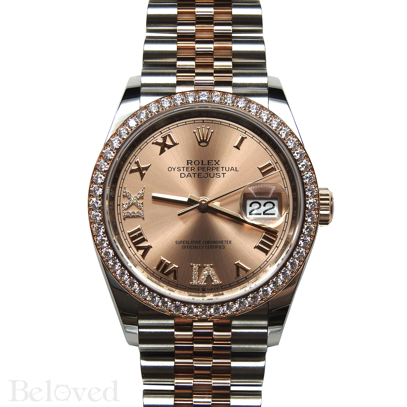 Rolex Datejust 126281RBR with Full Factory Diamond Bezel and Sunburst Salmon Factory Diamond Six and Nine Image 3