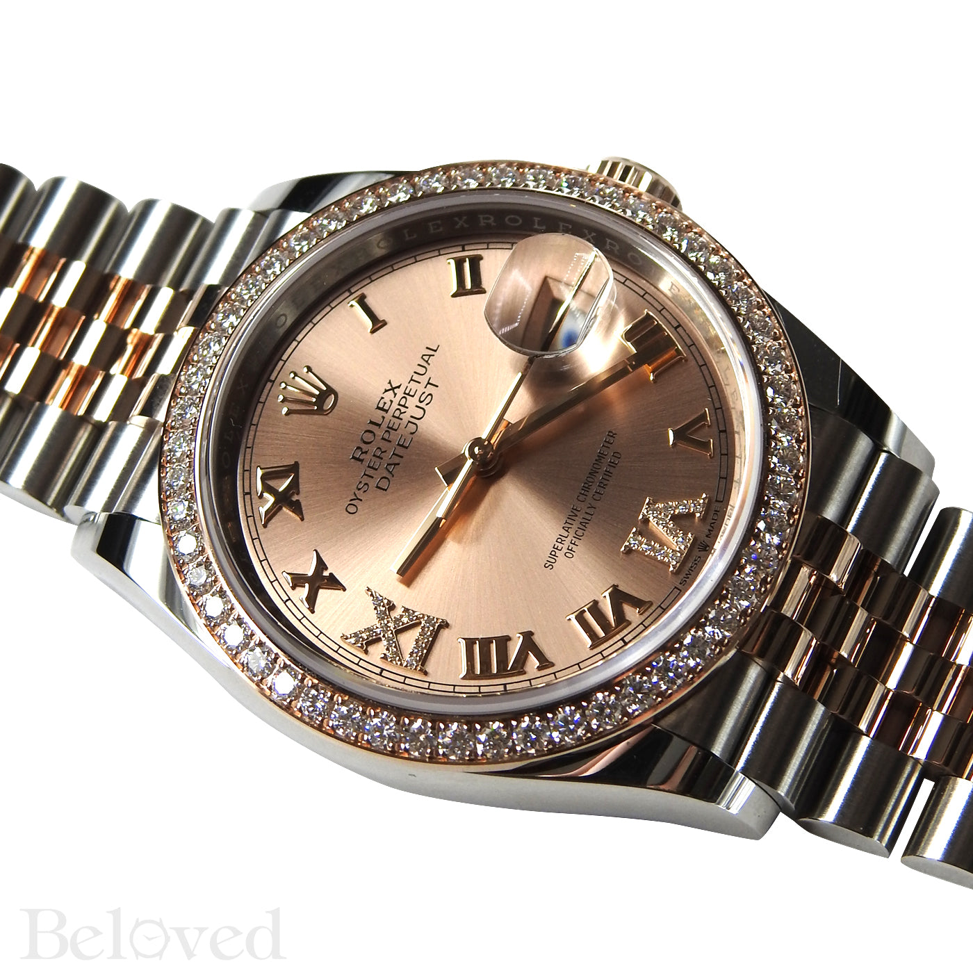 Rolex Datejust 126281RBR with Full Factory Diamond Bezel and Sunburst Salmon Factory Diamond Six and Nine Image 4
