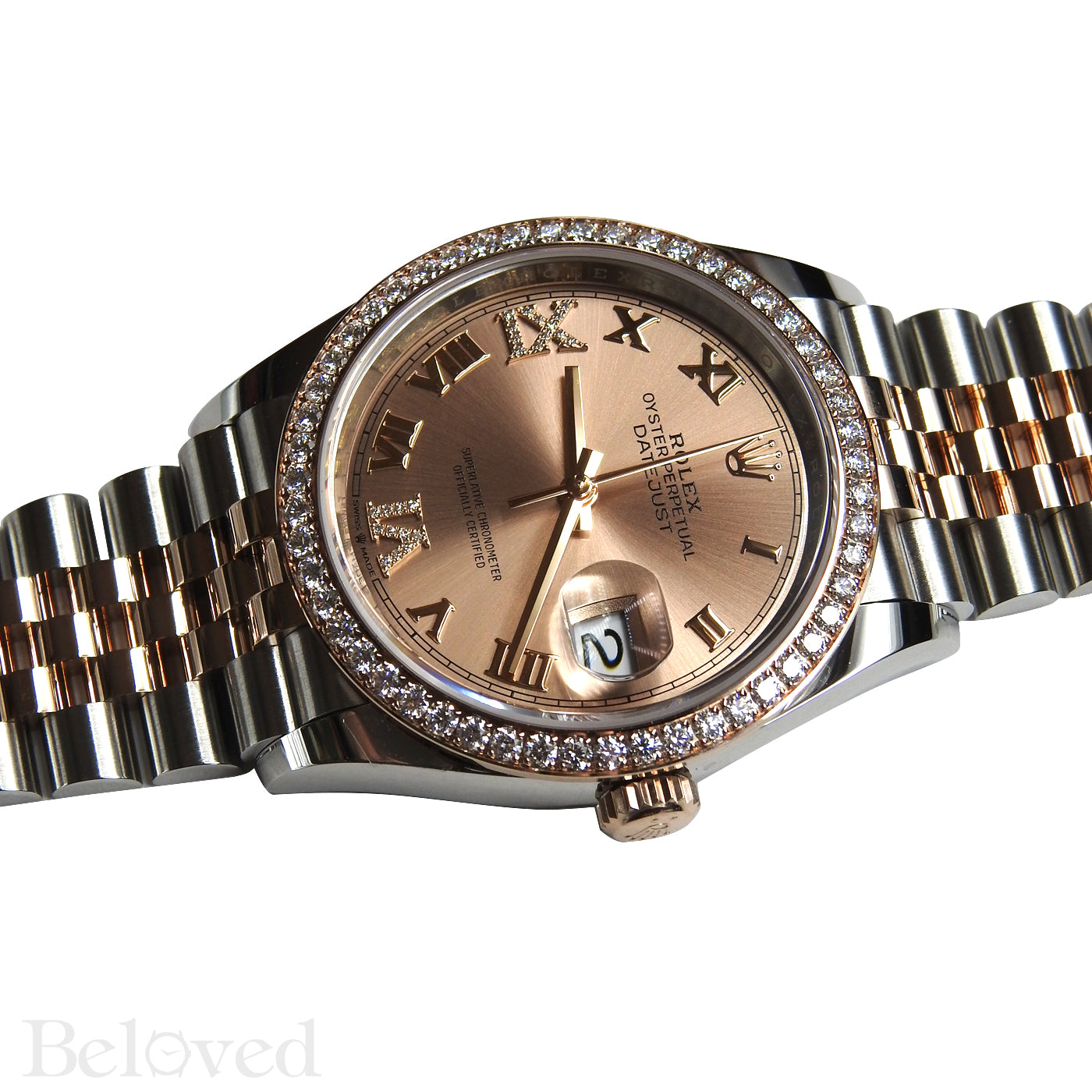 Rolex Datejust 126281RBR with Full Factory Diamond Bezel and Sunburst Salmon Factory Diamond Six and Nine Image 5