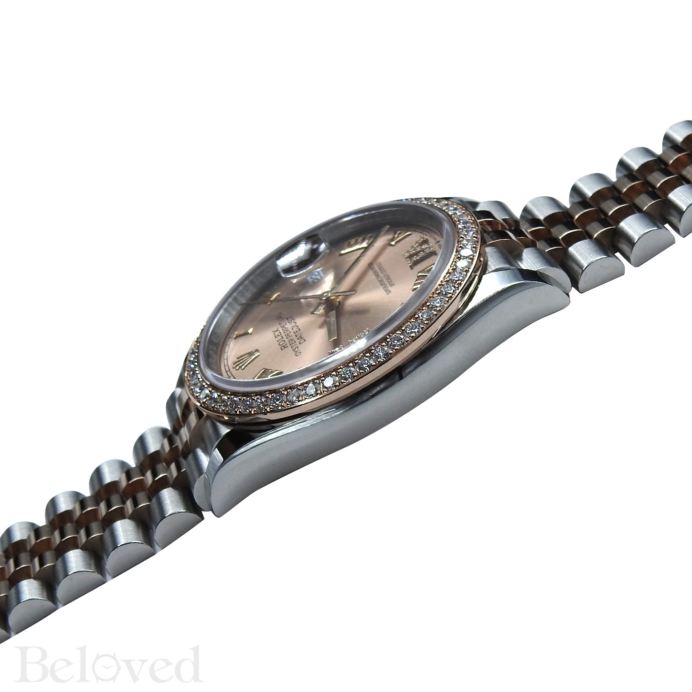 Rolex Datejust 126281RBR with Full Factory Diamond Bezel and Sunburst Salmon Factory Diamond Six and Nine Image 8